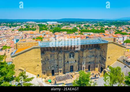 Vue aérienne de l'amphithéâtre romain d'Orange, France Banque D'Images
