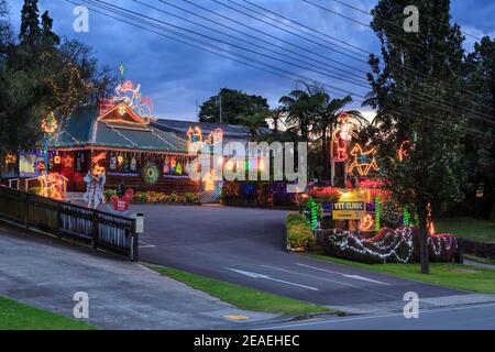 Une clinique vétérinaire illuminée de lumières de Noël sur le thème des animaux. Tauranga, Nouvelle-Zélande Banque D'Images