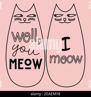 un couple mignon de deux chats à sourire sur fond rose Illustration de Vecteur