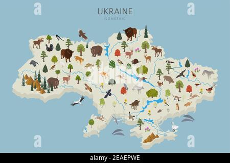 Conception 3D isométrique de la faune de l'Ukraine. Animaux, oiseaux et plantes éléments constructeurs isolés sur un ensemble blanc. Créez vos propres infographies géographiques c Illustration de Vecteur