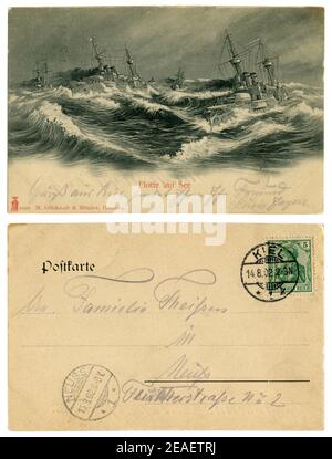 Carte postale historique allemande : navires de guerre de la Marine impériale allemande (kaisermarine) dans une mer agitée, signée en crayon violet, arrière, Allemagne, 1902 Banque D'Images