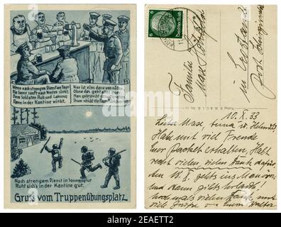Carte postale historique allemande: «après un service strict au soleil il semble bon dans la cantine», les soldats allemands vont au pub, série satirique 1933 Banque D'Images