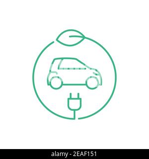 Voiture électrique dans un cercle avec une feuille et une fiche. Panneau de station de charge de véhicule hybride. Concept d'énergie verte zéro émission. Véhicule écologique. Vecteur Illustration de Vecteur