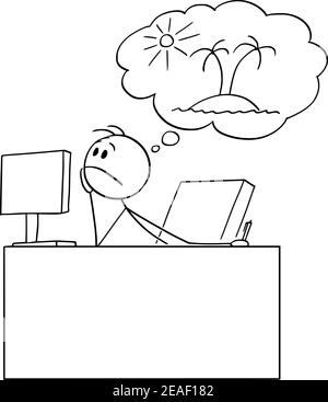 Travailleur de bureau ou homme d'affaires lassé ou fatigué rêvant ou pensant à des vacances, dessin animé vectoriel de bâton de figure ou d'illustration de personnage. Illustration de Vecteur
