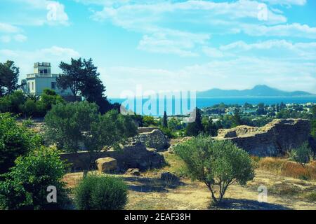 Ruines romaines et maisons carthaginiennes des guerres puniques. Fouilles archéologiques sur la colline Byrsa dans l'ancienne Carthage. Banque D'Images