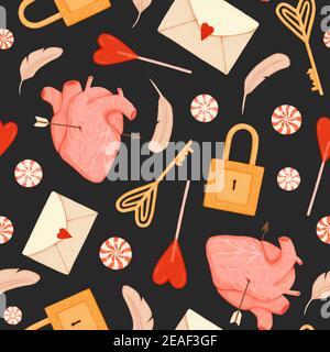 Motif Saint-Valentin sans coutures. Clé, serrure, bonbons, plumes d'oiseau, enveloppe et coeur percés avec flèche sur fond noir Banque D'Images