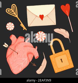 Ensemble Saint-Valentin. Clé, serrure, bonbons, plumes d'oiseau, enveloppe et coeur percés avec flèche sur fond noir Banque D'Images