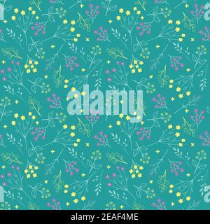 Motif floral vectoriel sans couture romantique. Petites brindilles et fleurs sur fond turquoise. Illustration de Vecteur