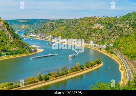 Vue depuis la falaise de Lorelei vers St. Goarshausen en Allemagne Banque D'Images