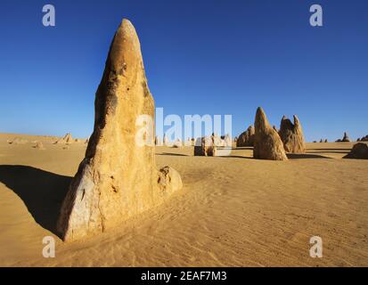 Monolithes du désert des Pinnacles près de Cervantes en Australie occidentale Banque D'Images