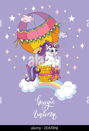 Adorable dessin animé unicorn volant dans un ballon d'air chaud. Illustration verticale vectorielle isolée sur violet. Anniversaire, concept de fête. Pour autocollant, broderie, d Illustration de Vecteur