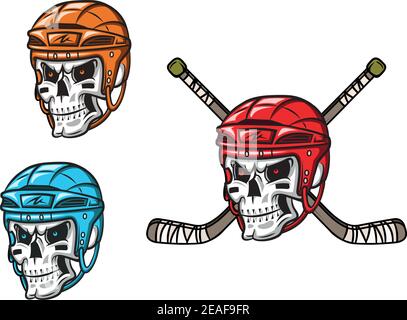 Crâne avec amunition de hockey sur glace dans le style de mascotte de dessin animé pour design sportif Illustration de Vecteur