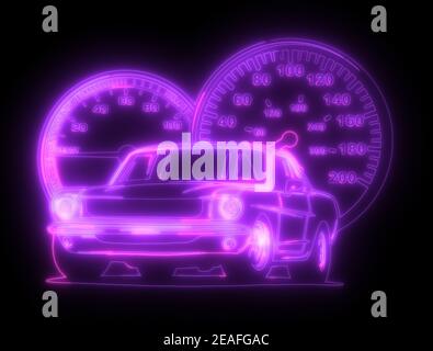 Silhouette fluo d'une voiture de muscle classique américaine. Panneau lumineux. Banque D'Images