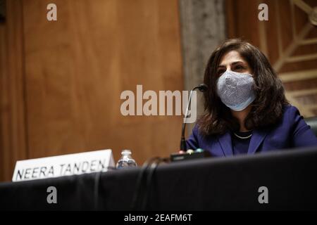 Neera tanden, directeur du Bureau et de la gestion et du budget (OMB) désigné pour le président américain Joe Biden, portant un masque protecteur lors d'une audience de confirmation du Comité sénatorial de la sécurité intérieure et des affaires gouvernementales à Washington, D.C., aux États-Unis, le mardi 9 février 2021. Tanden, qui s’est engagé à travailler avec les deux partis après avoir tiré de vives critiques de la part des Républicains pour leur avoir arraché des snippes sur les médias sociaux, a travaillé sur l’Affordable Care Act pendant les années Obama et a été un aide à Hillary Clinton à partir de sa première dame. Photo de Ting Shen/Pool/ABACAPRESS.COM Banque D'Images