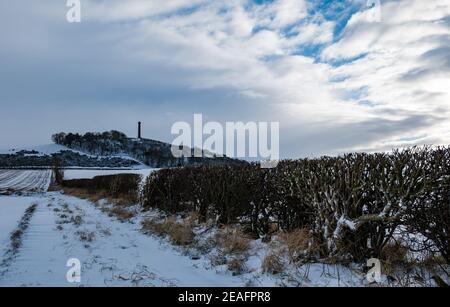East Lothian, Écosse, Royaume-Uni, 9 février 2021. Météo au Royaume-Uni : conditions de neige avec le paysage agricole rural couvert de neige en hiver et une vue sur le monument victorien en haut de la colline de Byres Hill Banque D'Images