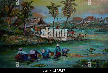 peint à la main original impressionnisme chefs-d'œuvre peintre art contemporain peinture à l'huile campagne thaïlande paysage campagne Banque D'Images