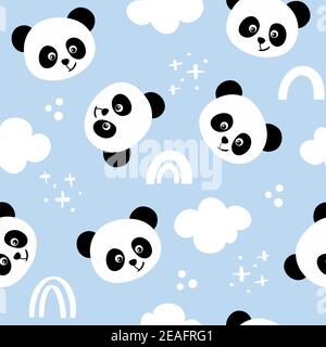 Motif d'ours de panda avec têtes de panda et ciel lugueux - drôle de doodle dessiné à la main, sans coutures. Affiche lettrage ou t-shirt textile graphique Desi Illustration de Vecteur