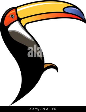 Adorable toucan de dessin animé coloré en profil montrant de sa grande facture courbée utilisée pour manger des fruits, silhouette sur blanc Illustration de Vecteur