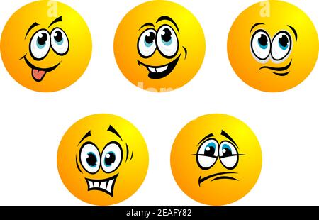 Cinq émoticônes jaunes rondes avec yeux bleus montrant une gamme d'expressions incluant la peur, la déception, le dégoût, le sourire et la louangée Illustration de Vecteur