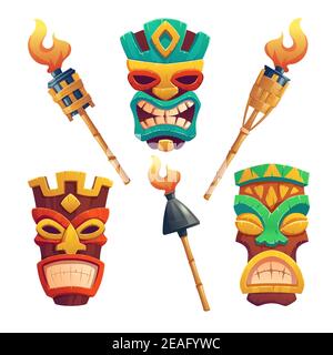 Masques Tiki, totem tribal hawaïen et torches brûlantes sur bâton de bambou. Ensemble de dessins animés vectoriels de statues traditionnelles polynésiennes, ancien Dieu en bois face isolé sur fond blanc Illustration de Vecteur