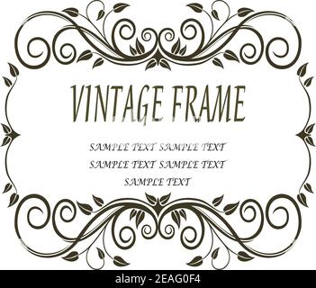 Cadre de vinatge noir et blanc calligraphique délicat avec feuilles, curligues et tourbillons comme des tendriles traînants d'une vigne Illustration de Vecteur