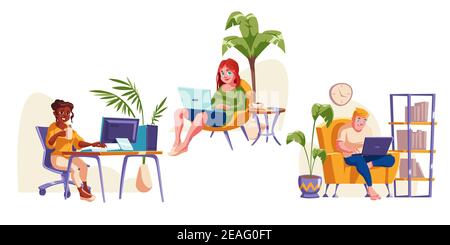 Les gens travaillent au bureau à domicile, assis sur une chaise avec un ordinateur portable. Concept de lieu de travail confortable pour les indépendants, les travaux à distance, les études à distance. Dessins animés vectoriels indépendants isolés sur fond blanc Illustration de Vecteur