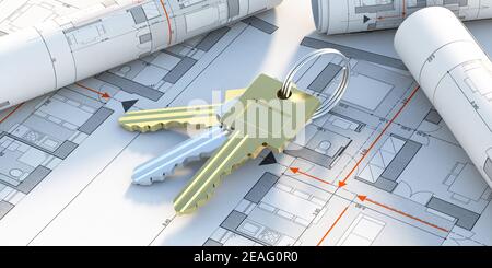 Clés sur les plans de construction, l'immobilier, l'hôtel, le concept de construction de projet d'hôpital, l'illustration 3d Banque D'Images
