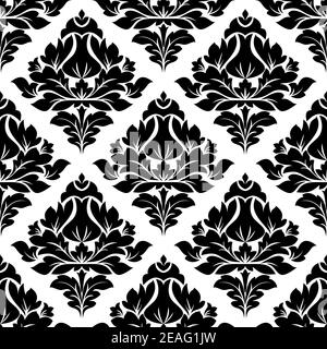 Illustration noire et blanche d'un motif floral arabesque sans couture motif en forme de losange au format carré adapté pour les textiles Illustration de Vecteur