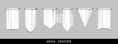 Fanions blancs différentes formes, pendentifs en toile pour les équipes sportives, symboles varsity ou héraldique. Modèle vectoriel réaliste de pennes textiles blanches suspendues isolées sur fond transparent Illustration de Vecteur