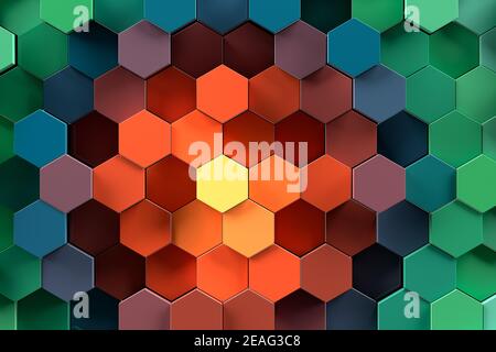 Motif géométrique abstrait ou fond constitué de polygones chaotiques de surface hexagonale. rendu 3d d'un fond ou d'un mur en nid d'abeille multicolore et réaliste Banque D'Images