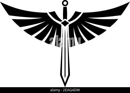 Illustration vectorielle noire et blanche d'une épée à ailes avec ailes et plumes élégantes pour un motif tatouage Illustration de Vecteur
