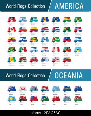 Drapeaux de l'Amérique et de l'Océanie, agitant dans le vent. Icônes indiquant l'emplacement, l'origine, la langue. Collection Vector World Flags. Illustration de Vecteur
