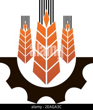 Icône représentant l'industrie et l'agriculture avec trois oreilles de mûre blé doré au-dessus d'un engrenage mécanique partiel représentant l'industrie Illustration de Vecteur