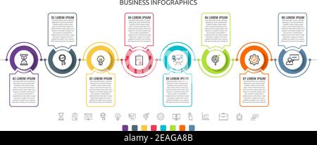 Infographie sur les lignes vectorielles des cercles avec icônes en 8 étapes. Chronologie utilisée pour les graphiques, le Web, la bannière, la mise en page du flux de travail, les présentations, organigramme, graphique d'informations Illustration de Vecteur
