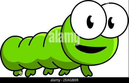 Curieux dessin animé vert insecte caterpillar vous regardant avec de grands yeux ronds, isolé sur blanc Illustration de Vecteur