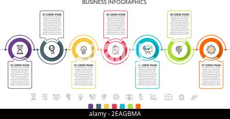 Infographie sur les lignes vectorielles des cercles avec icônes en 7 étapes. Chronologie utilisée pour le diagramme, le graphique, le Web, la bannière, la mise en page du flux de travail, présentations, info graphe, niveaux Illustration de Vecteur