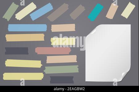 Adhésif coloré de différentes tailles, collant, masquant, ruban adhésif et note, papier bloc-notes sont sur fond gris foncé Illustration de Vecteur