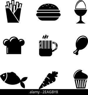 Collection d'icônes de la nourriture silhouette noire et blanche, y compris les frites, l'œuf dur, le toque, le biscuit, le café, le pilon, le poisson, la carotte et le cupcake Illustration de Vecteur