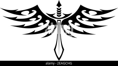 Illustration vectorielle noire et blanche d'un tatouage d'épée à ailes avec des plumes barbelées dans des ailes gracieuses Illustration de Vecteur