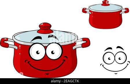 Petite casserole ou pot de cuisine rouge à dessin animé avec un couvercle et un sourire heureux, isolée sur blanc Illustration de Vecteur