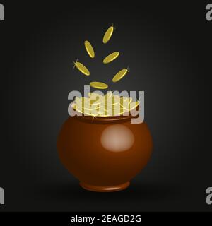 Pot en céramique avec pièces d'or isolées sur fond sombre. Illustration 3d du pot de pièces d'or. Un pot d'argent est un Trésor avec de l'or sous le grou Banque D'Images