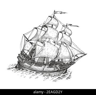 Esquisse dessinée par bateau. Illustration vectorielle vintage isolée sur fond blanc Illustration de Vecteur