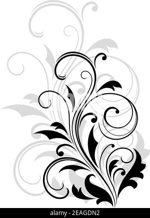 Élément floral noir et blanc à défilement Dainty avec un motif agrandi répété en gris derrière pour une élégante illustration vectorielle à effet vintage Illustration de Vecteur