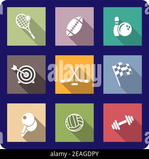 Icônes sportives plates colorées représentant le tennis, le rugby, le football, le hockey sur glace, le bowling, le tir à l'arc, le sport automobile, le tennis de table, les poids et le volley Illustration de Vecteur
