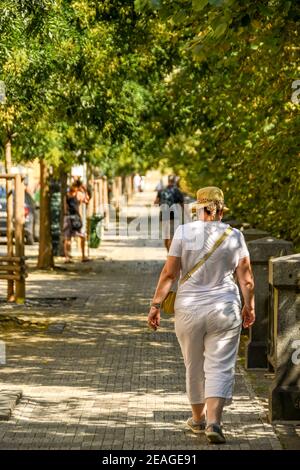 PRAGUE, RÉPUBLIQUE TCHÈQUE - 2018 JUILLET : personne avec un chapeau de soleil marchant le long d'une avenue ombragée bordée d'arbres dans le centre-ville de Prague. Banque D'Images