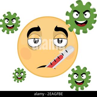 Illustration vectorielle de l'émoticône avec son visage pâle et un thermomètre dans sa bouche, entouré d'un coronavirus de dessin animé Illustration de Vecteur