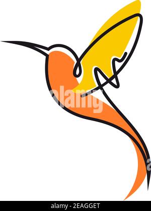 Dessin d'un colibri volant coloré en jaune et orange avec des ailes étalées et un long bec courbe, vue latérale Illustration de Vecteur