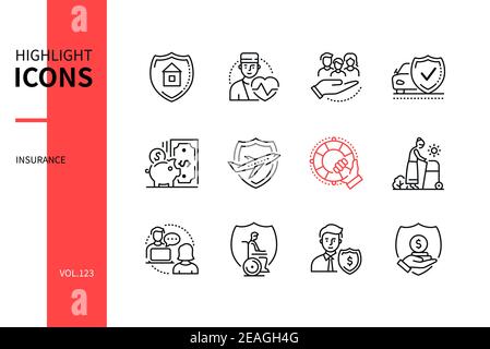Types d'assurance - jeu d'icônes de style de conception de ligne. Idée de sécurité. Maison, santé, vie, auto, dépôt, voyage, urgence, retraite, invalidité, Illustration de Vecteur