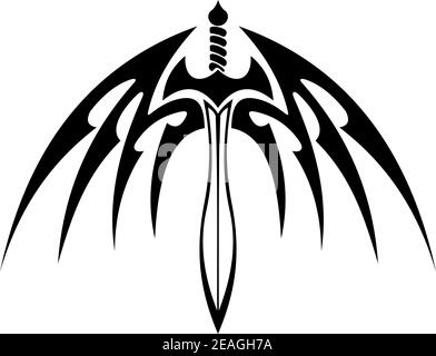 Épée ailée avec des ailes écartées et des plumes barbelées aiguisées pour motif tatouage tribal Illustration de Vecteur