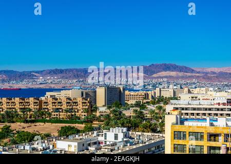Vue aérienne du golfe d'Aqaba en Jordanie Banque D'Images